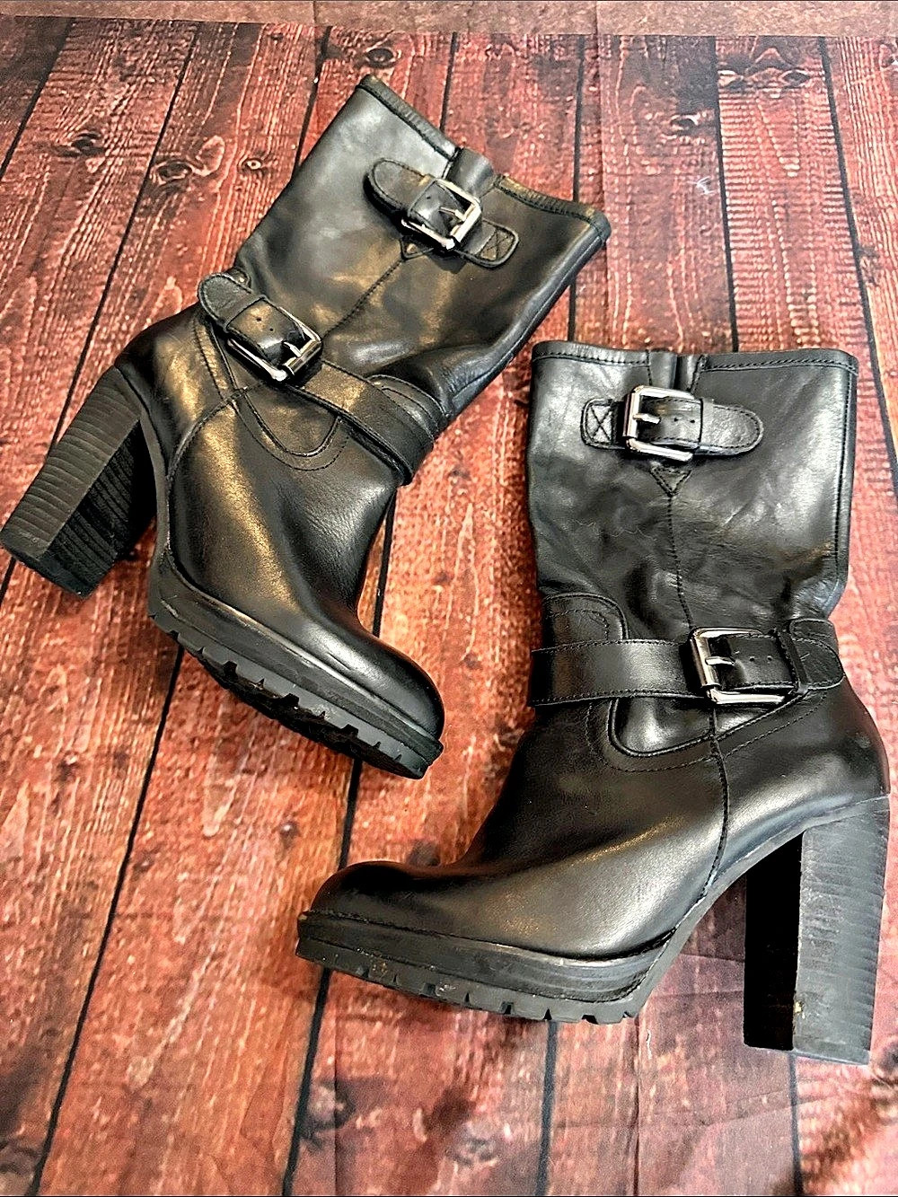 Donald J Pliner Black Buckle Platform Heeled Boots